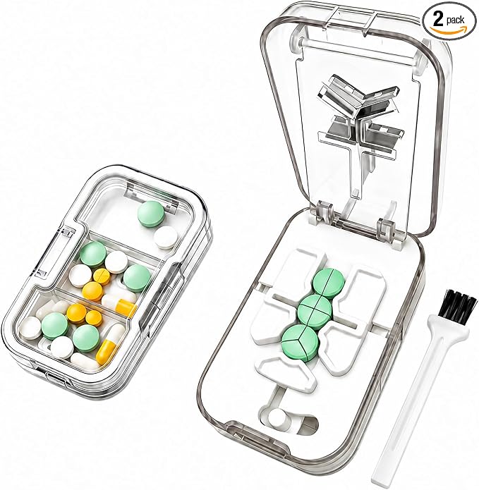 Pill Cutter Splitter for Small Tiny Large Pills at Once with Accurate and Professional Sharp Blade but Safe, Cuts 1/2, 1//3, 1/4 One-Hand Operation Portable Tablet Cutter, BPA Free (White)