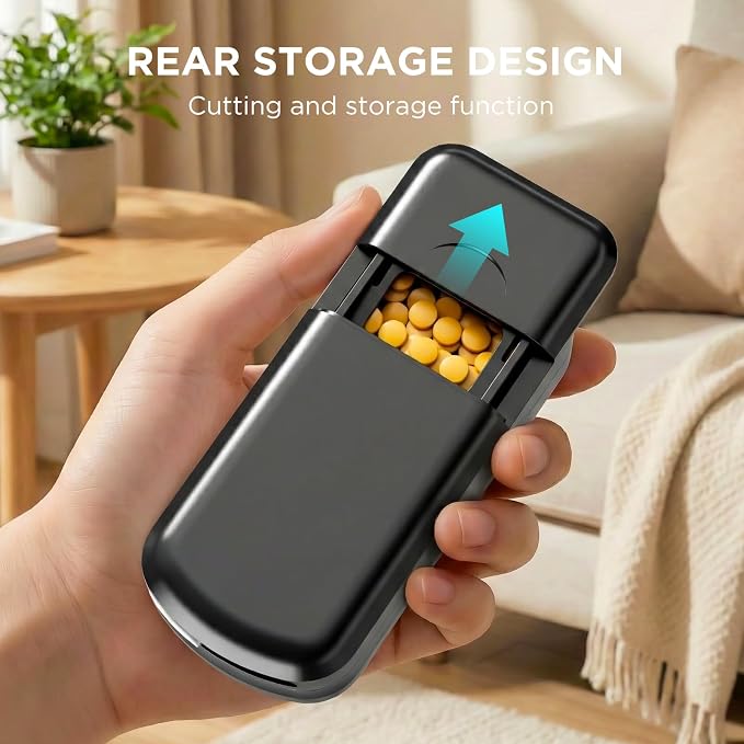 Pill Cutter Splitter for Small and Tiny Pills, 1/2 1/3 1/4 Pill Splitter for Small Pills,Vitamins, Tablets in Half or Quarters, Accurate and Easy Cutting, Stainless Steel Blade, Back Storage (Black)