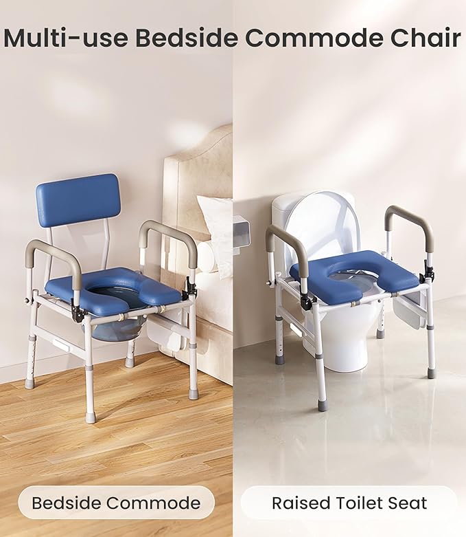 VOCIC Drop Arm Bedside Commode with Night Light, Extra Wide Adjustable, 400 lbs Padded Seat Portable Potty, 6.3QT Bucket, Heavy Duty Steel Commode Over Toilet Chair for Seniors, YR11