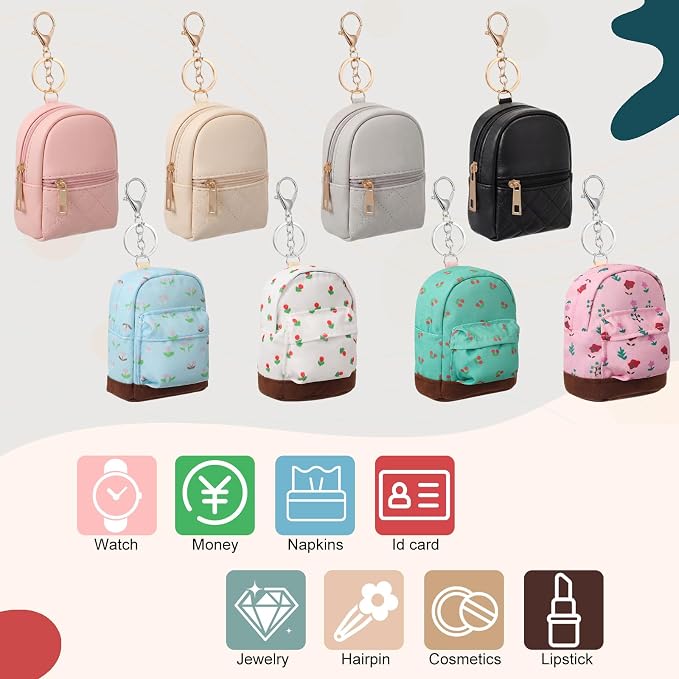 Hsei 8 Pcs Mini Backpack Keychain Coin Purse Tiny Key Chain Cute Cosmetic Bag Small Wallets Mini Valentines Gifts for Women Multi Pocket Card Holder Small Items Cable Organizer Zipper Pouch