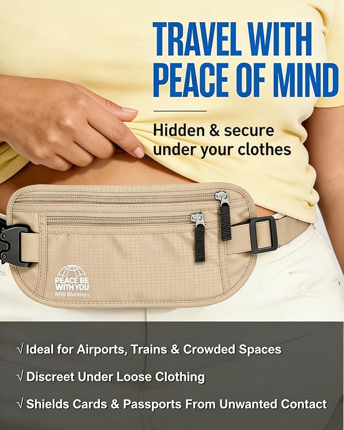 Money Belt for Travel, Passport Holder, RFID Blocking, Sweat-Proof, Beige | 3rd Gen Hidden Waist Wallet Anti Theft to Protect Cash, Credit Cards and Documents Under-Clothes for Men & Women, Bamneat