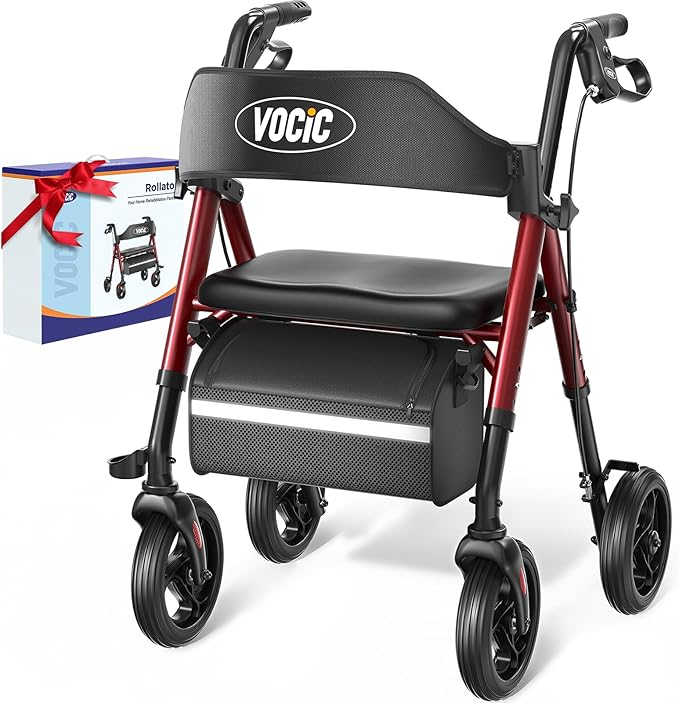 VOCIC Walkers for Seniors, Z21 Rollator Walker with Seat Supports 350lb, 8" Big Wheels for All Terrain, Ergonomic Arc Seat & 6" Ultra Backrest Foldable Walker, Dual Height Adjustment, Lightweight 2025