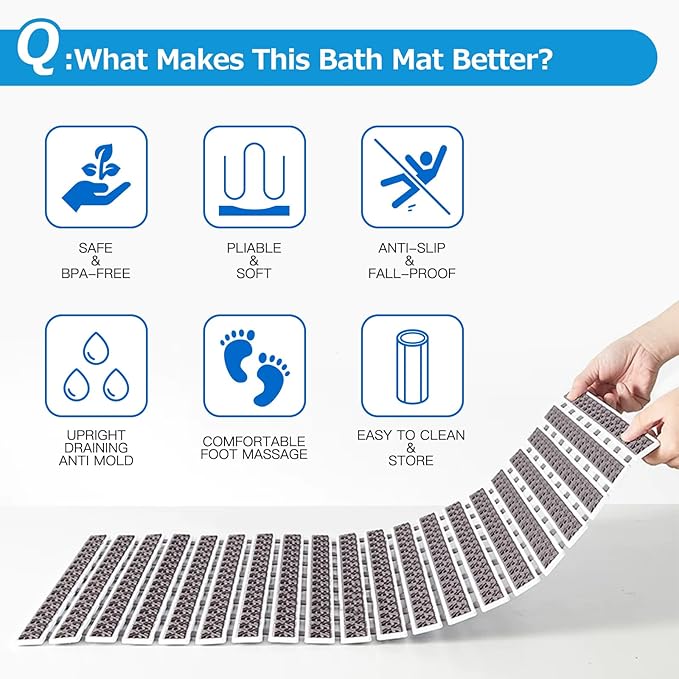 Non Slip Rubber Bathtub & Shower Mat - Fast Drain & Upright Drying Design, Strong Suction Cups, Structured Textured Surface, Low-Maintenance Bathroom Safety Mat, 27 x 16 Inch, Dark Gray, Matace