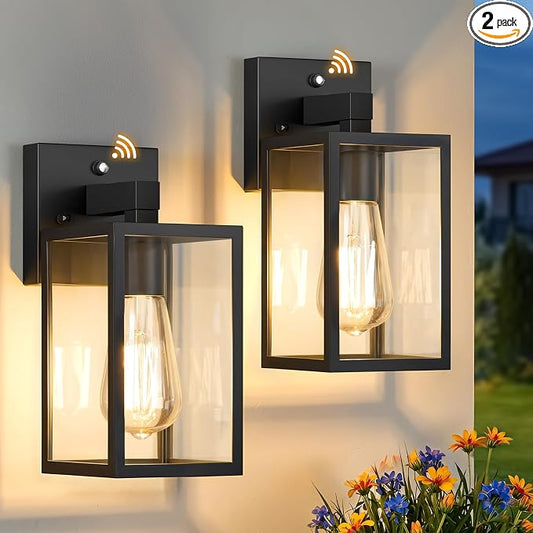 2 Pack Dusk to Dawn Outdoor Wall Light Fixtures, Exterior Porch Light, Waterproof Wall Sconces Lanterns, Sensor Lighting Wall Mount for House Doorway Garage, Black