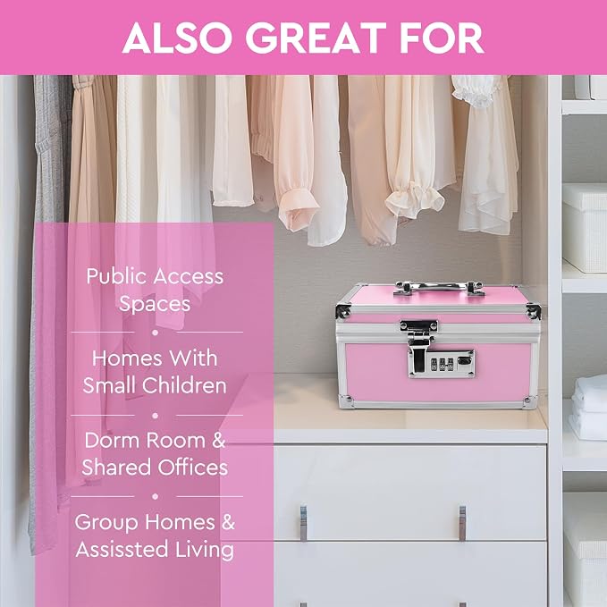 Medication Lock Box Aluminium Alloy Combination Lock for Home and Travel Medicine Lock Box,First Aid Safe Medication Storage Box,7.66''x 5.12''x 4.13'' (Pink)