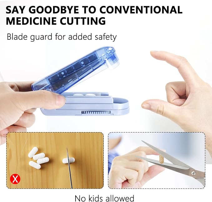 Multiple Pill Splitter, Adjustable Pill Cutter, Stainless Steel Cutting Blade & Blade Guard, with Accurate Pill Alignment, for Cutting Small Pills or Large Pills in Half (Blue)