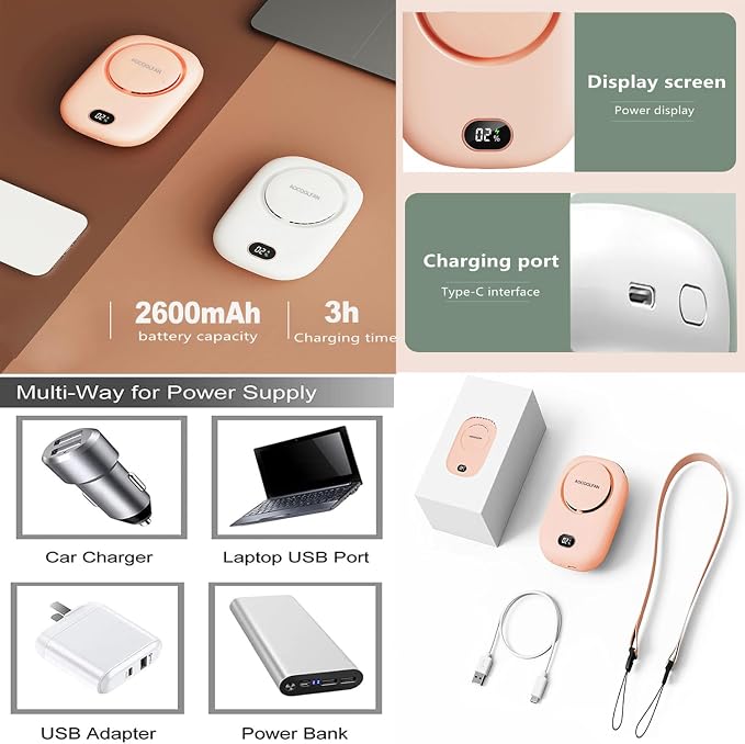 AOCOOLFAN Portable Neck Fan, Mini Small Personal Handheld Fan USB Rechargeable 3 Speed for Girls Boys Woman Eyelash Travel Home Office Outdoor (Pink)