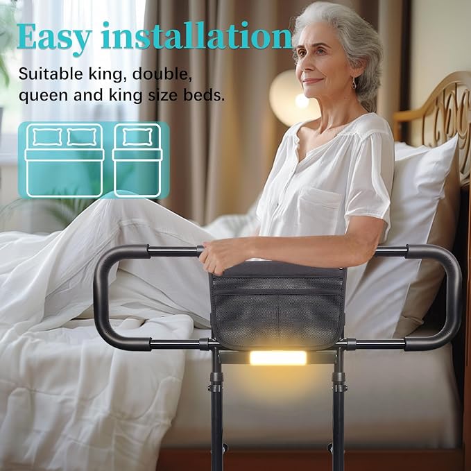 Bed Rails for Elderly Adults Safety with Light Adjustable Heights Storage Pocket Assist Support Side Railings for Seniors Citizens Slides Under Mattressbed Cane Bed Guard (Black with Warm Light)