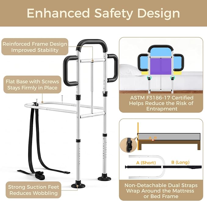 Bed Rails for Elderly Adults Safety, 400 Lbs Support for Seniors, ASTM-Certified Height Adjustable Bed Assist Rail with Motion Sensor Light, Triple Non-Slip Handles & Dual Storage Pockets