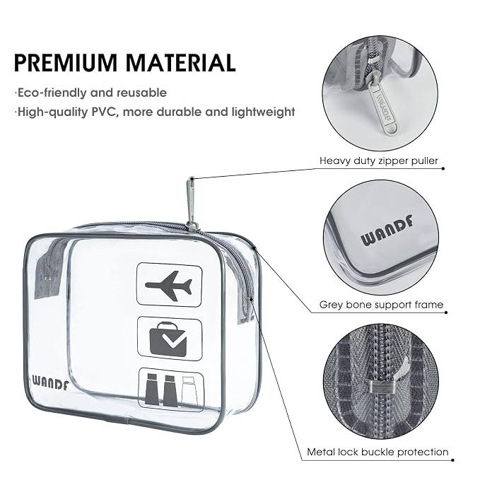 WANDF TSA Approved Toiletry Bag, 3 Pack Clear Makeup Bag | Quart Size, Airport Carry-On, TSA Liquids Travel Bag, Clear PVC, Women Men Travel Essentials