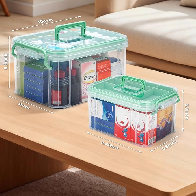 2 Pack Clear Medicine Organizer Storage Box with Handle & Tray - Thickened Plastic Empty First Aid Box, Multipurpose Medical Container with Lids/Labels, Medication Caddy for Home, Baby, Elderly, Dorm
