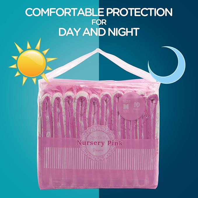 Littleforbig Adult Printed Diaper 10 Pieces - Nursery Pink (Medium 28"-38")