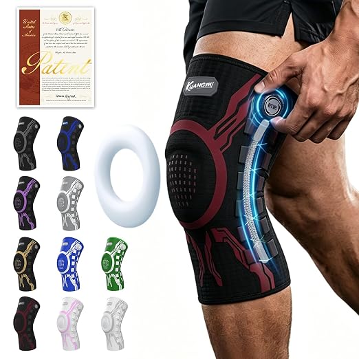 Kuangmi Knob Knee Brace for Pain Relief, Knee Support with Patella Gel Pad & Side Stabilizers, Compression Knee Sleeve for Workout, Arthritis, Joint Pain, Meniscus Tear (Red Black,Left,Large,Single)