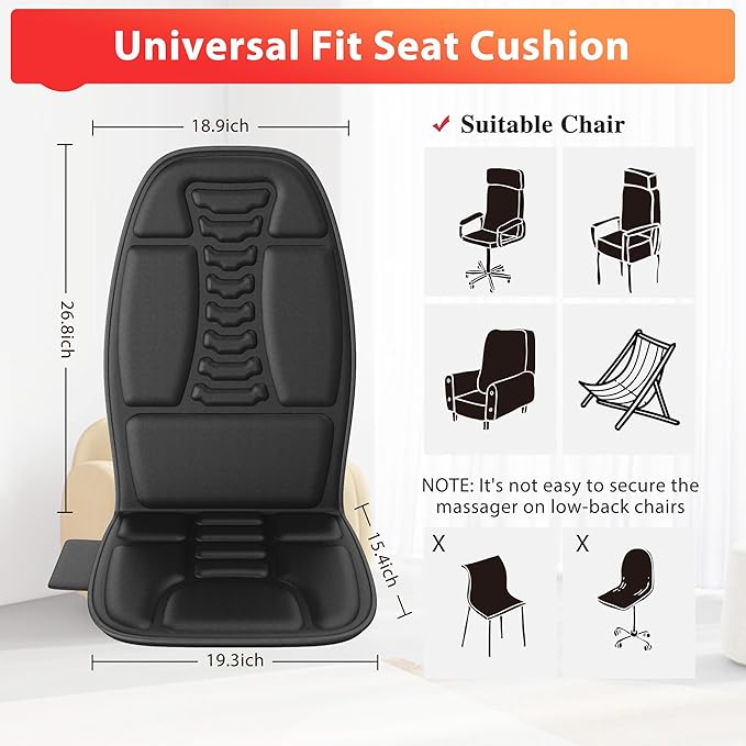 Back Massager with Heat, Massage Chair Pad with 5 Modes & 2 Heat Levels for Back & Thighs, Back Massage Pad for Office & Home Chairs, Gifts for Dad & Mom