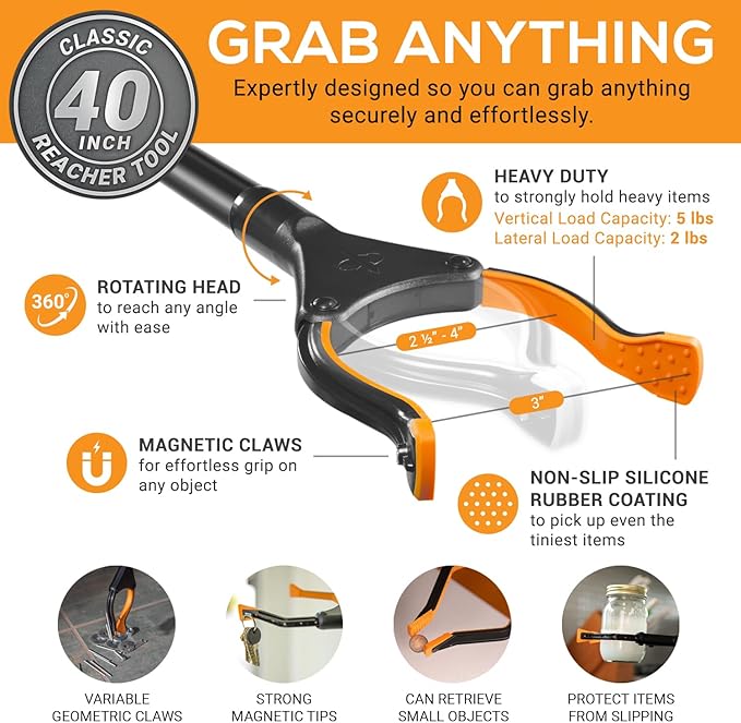 EZPIK Classic 40" Flexible Folding Grabber Tool for Elderly + Magnets, Reacher for Disabled & Seniors Heavy Duty Rotating Grippers for Reaching Underneath, Trash Grabbers & Pickers for Mobility