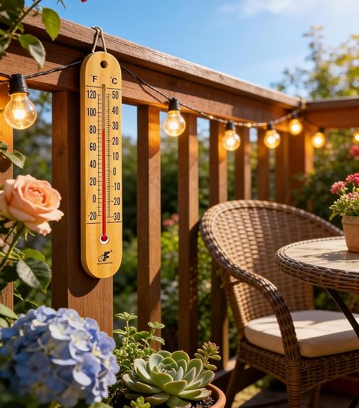 Large 10.5 Inch Vertical Wooden Thermometer | Indoor & Outdoor Use, -20°F to 120°F/-30°C to 50°C, Battery-Free, Weatherproof, Easy to Read & Ready to Hang