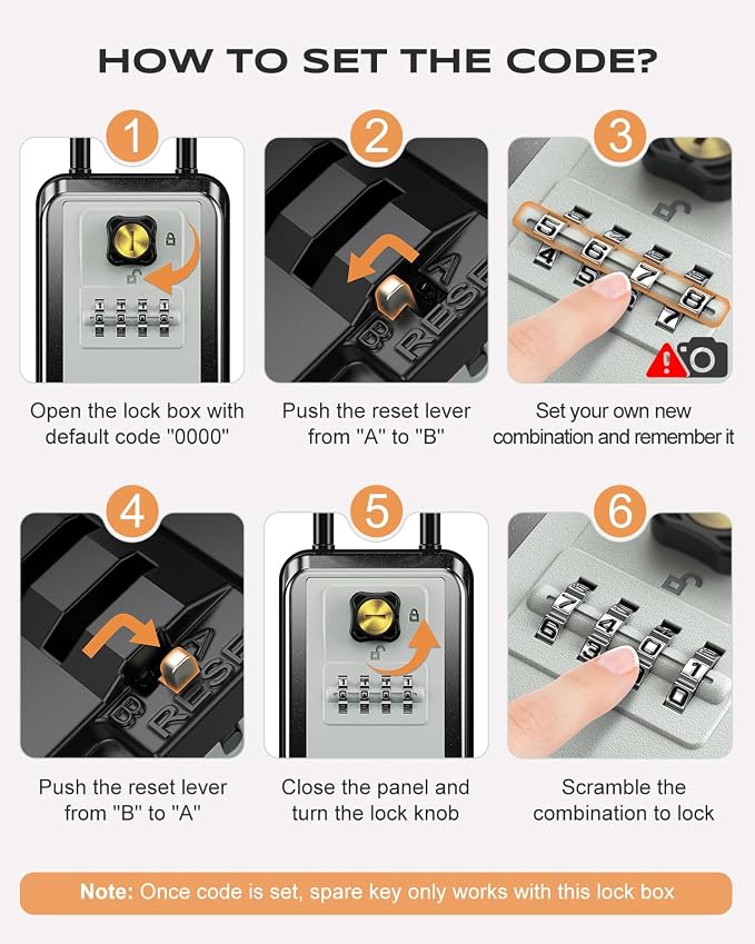 Large Lock Box for Keys with Code, 4 Digits Combination Portable Key Lock Box with Resettable Spare Key, Weatherproof Key Safe Storage Lockbox for Home, Office Door Handle, No Drilling Needed