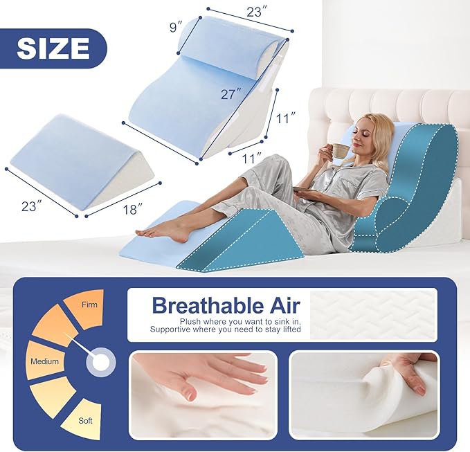 4PCS Bed Wedge Pillow for Sleeping and Sitting Up, Orthopedic Memory Foam Pillow Set for Back Pain, Post Surgery Recovery, Acid Reflux, GERD Relief, Triangle Shape, Blue White