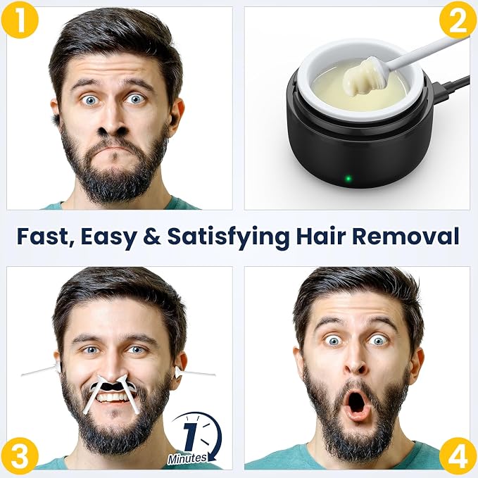 Nose Wax Kit: Nose Hair Wax Kit with USB Fast Heat & Smart Temp, Painless Nose Ear Hair Removal for Women & Men, 100g Hard Wax Beads, 30 Applicator Sticks for Eyebrow, Lip & Facial Hair, Travel Size
