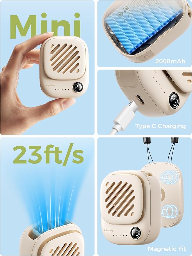 Aecooly Magnetic Neck Fan, Snap On & Go, Mini Portable Hands Free Wearable | USB Rechargeable [10H Max Cooling Time], Personal Battery Powered Fan, Pocket for Travel, Summer, Gifts for Women -Beige
