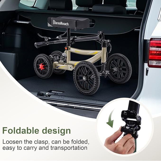 Knee Scooter, 300lbs Capacity, 13" Big PU Seat, Disc Brake Knee Walker, All Terrain Foldable Knee Scooter Walker with Bag for Foot Injuries Compact Crutches Alternative (Champagne)