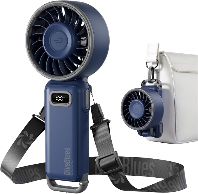 Diveblues Fanzy D6036 Portable Handheld Fan, Harbor Blue | 7.4m/s High Speed Turbo, 180° Foldable 4-in-1, Integrated Carabiner Clip, 100 Speed Stepless Control