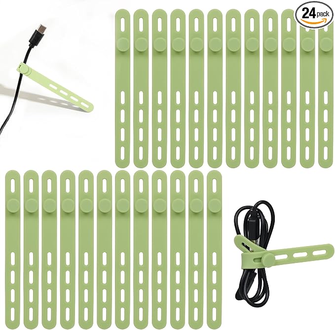 Donruby 24Pcs Silicone Cable Ties - Reusable & Washable with Locking Buckles, Adjustable Fastening Cable Management Straps, Multi-Purpose High Elasticity Cord Organizer (Matcha Green)