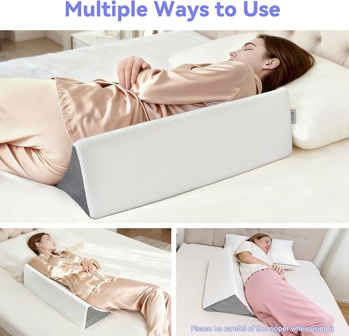 Vekkia Wedge Pillow for Side Sleeping, Ergonomic Back Support Pillow with High-Density Foam for Pregnancy Support, Back Pain, Preventing Bedsores, Surgery Recovery, Removable Cover, White/Gray