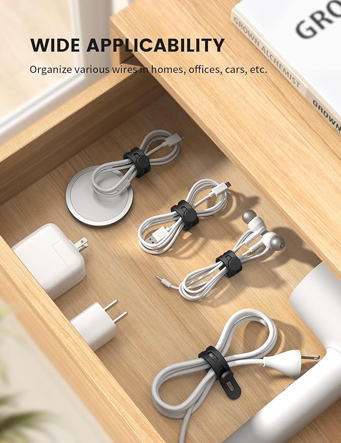 Lamicall 10Pack Reusable Cord Organizer Cable Ties - Silicone Cord Management Wraps, Stretchy Rubber Charger Cable Strap Ties, Skin-Friendly Electrical Wire Keeper for Travel, Home Office Accessories