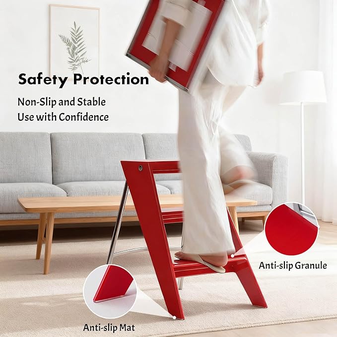 Acrylic 3 Step Ladder Folding Step Stool for Adults Foldable Small Step Stool Ladder for Kitchen Plastic Stepladder Modern Collapsible Ladder for Closet Home Bathroom Indoor (Red)