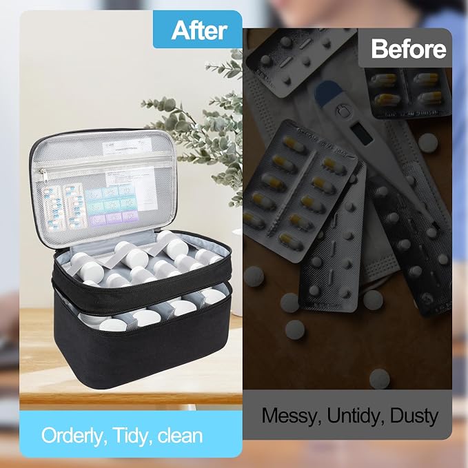 Medicine Organizer Bag, Dual Layers Pill Bottle Organizer Storage Bag with Adjustable Divide, Medication Travel Bag for Pills, Vitamins, Medical Supplies for Home with Pill Carrying Bag&Pill Pouch Bag