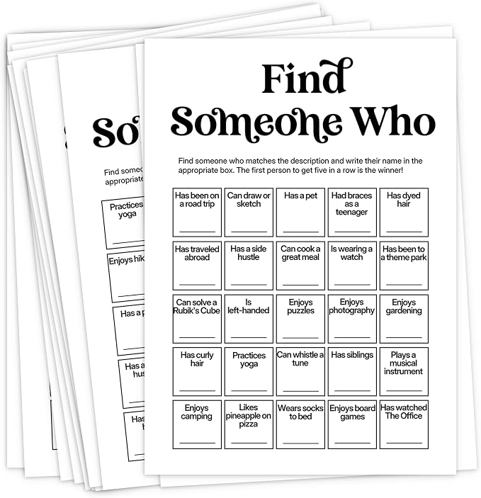 Team Building Games for Work Adults – Find Someone Who Bingo Game, 25 Unique Human Bingo Cards 5x7 Inch, Ice Breaker & Office Games for Parties, Meetings & Events - A05