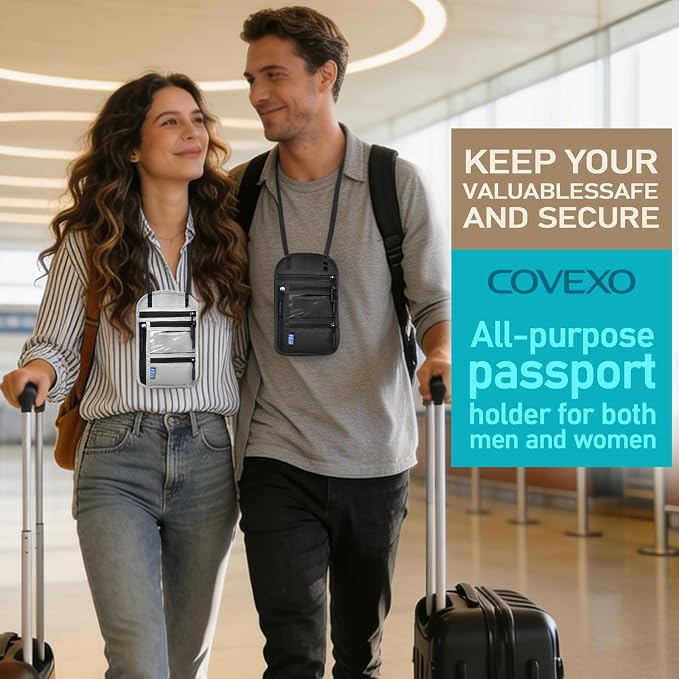 Neck Wallet for Travel, RFID Blocking Passport Holder - Slim Travel Pouch with Adjustable Strap | Holds Phone, Cards, Cash, Documents | Water-Resistant & Secure for Men & Women