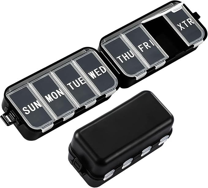NEW Foldable Weekly Pill Organizer Large,Portable Pill Box 7 Day 1 Time a Day,8 Grids with Excess Space for Emergency Use,Daily Travel Pill Case Holder Dispenser for Vitamin, Supplement- Black