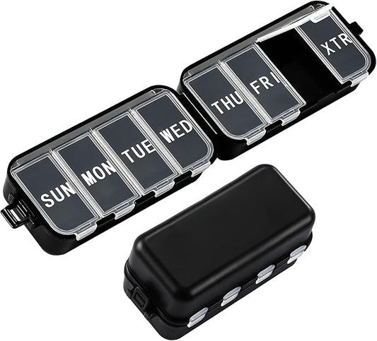 NEW Foldable Weekly Pill Organizer Large,Portable Pill Box 7 Day 1 Time a Day,8 Grids with Excess Space for Emergency Use,Daily Travel Pill Case Holder Dispenser for Vitamin, Supplement- Black