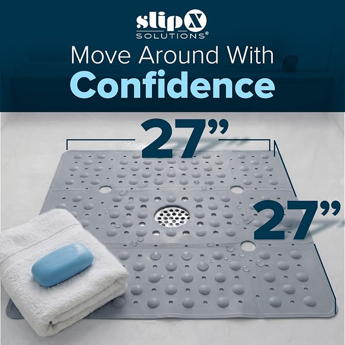 SlipX Solutions 27" Oversize Square Shower Mat, Non-Slip Mat for Elderly & Kids, 100+ Power Grip Suction Cups for Smooth Surfaces, Machine Washable, Solid Gray