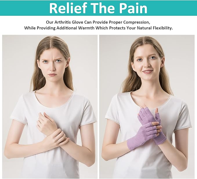 2 Pairs Arthritis Gloves Fingerless Compression Gloves for Relieve Hand Pain, Rheumatoid, Osteoarthritis, Tendonitis, Carpal Tunnel for Women and Men to Daily Work (Purple, Large)