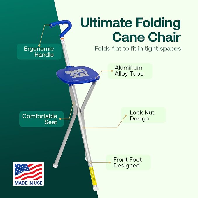 Sport Seat from Alex Orthopedic Walking Cane with Portable Seat for Sitting Anywhere - Ultra Light Support, Sitting and Travel for Seniors and Adults - Made in USA