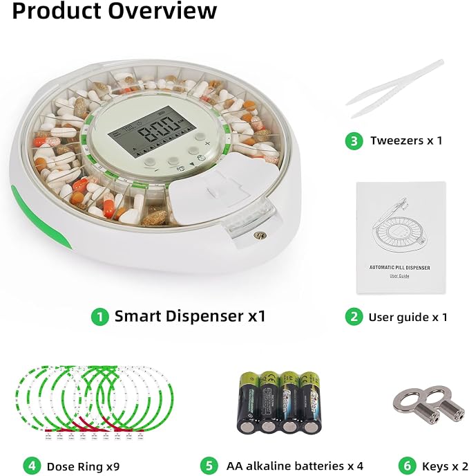 EziMedPil Automatic Pill Dispenser with Ergonomic Lid Design for Seniors | Easy Use Top Key Lock, 9 Daily Alarms & Sound-Light Reminder, Large LCD & Clear Lid Monitoring for Dementia & Senior Care