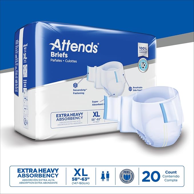Attends Adult Incontinence Disposable Briefs, X-Large, 58"-63" Waist with SecureGrip Tab Closure, Extra Heavy Absorbency with Super Absorbent Core and Breathable Side Panels, 20ct Bag