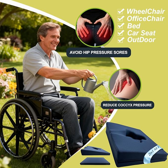 Gel Wheelchair Seat Cushion,Bed Sore Cushions for Butt,Office Chair Pressure Sore cushion,Memory Foam Pillow for bed,Pressure Ulcer Pain Relief,Relieve Sciatica,Coccyx,Washable Cover(Set Blue)