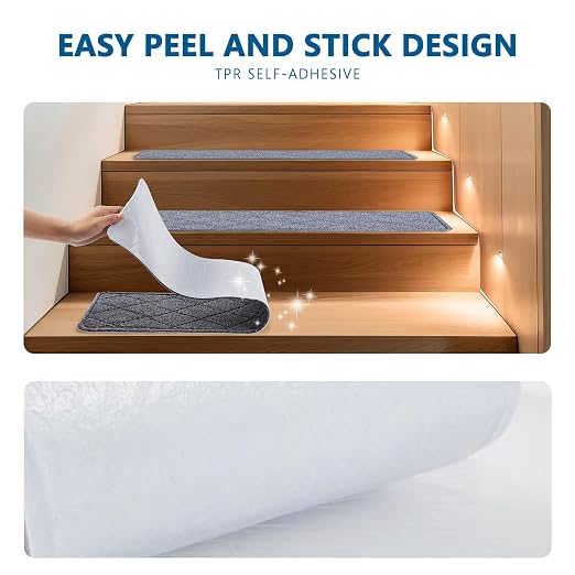 Stair Treads for Wooden Steps Indoor, KOOTETA 15 Pack 8" X 30" Non Slip Carpet Stair Treads with Reusable Adhesive for Kids Elders and Dogs, Surface Polyester TPR Backing Stair Runner Rugs, Dark Grey