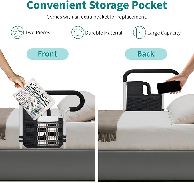 Bed Rails for Elderly Adults Safety, Adjustable Bed Assist Rail for Seniors, Bed Safety Rail with 2 Storage Bag and Fixing Strap, Fit King, Queen, Full, Twin, Supports 300 lbs