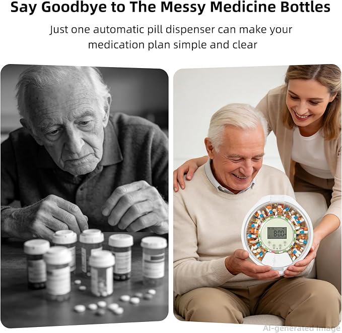 EziMedPil Automatic Pill Dispenser with Ergonomic Lid Design for Seniors | Easy Use Top Key Lock, 9 Daily Alarms & Sound-Light Reminder, Large LCD & Clear Lid Monitoring for Dementia & Senior Care