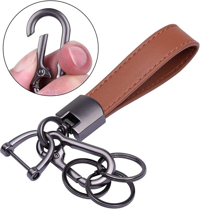 Wisdompro Genuine Leather Car Keychain, Universal Key Fob Keychain | Leather Car FOB Key Chain Holder for Men and Women, 360 Degree Rotatable, with Anti-lost D-ring and 3 Keyrings