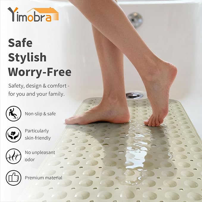 Yimobra Non Slip Bathtub Mat 40 x 16 Inch, Extra Long Shower Mat with Drain Holes, Machine Washable Baby Bath Mats, Strong Suction Cups for Bathroom Floor, Beige