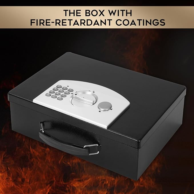 Dalmbox Portable Metal Safe Box with Digital Code Lock,Fire Resistant Storage for Documents, Fireproof Safe Box, Car, Home, Office and Outside, Black Box， Medium