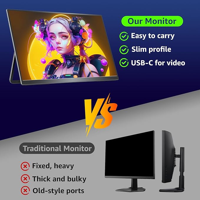 VisionOwl Large Portable Monitor 23.8-Inch 2K QHD 180Hz Refresh Rate Laptop Monitor, 130% sRGB, IPS Panel, USB-C & HDMI for Laptop, PC, Mac, PS5, Xbox, Built-in Kickstand, Speakers, VESA Mountable