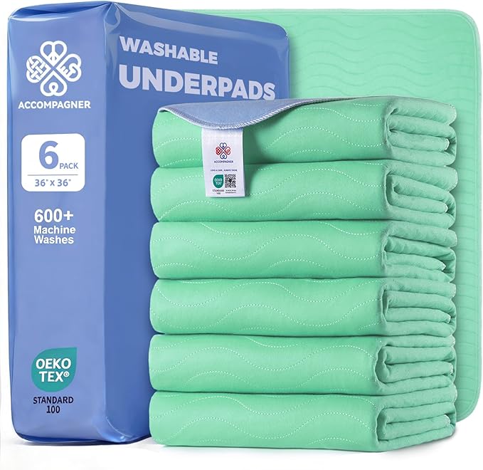 Accompagner Incontinence Bed Pads Washable Waterproof, Ultra-Absorbent Reusable Underpads for Diaper Changing, Nursing, Bedridden, Adults, Seniors, Kids and Dogs (Green, 36"x36"(Pack of 6))