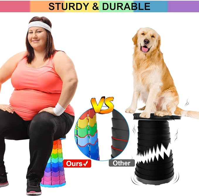 Doseno Collapsible Stool, Portable Stool, Collapsible Seat, Rainbow Color | Portable collapsible stool, 2.4 to 17.5 in retractable height. Foldable stool for fishing, hiking, BBQ and outdoor use.